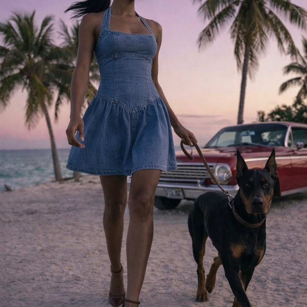 Denim Halter Mini Dress Open Back Fitted Bodice Flared Skirt